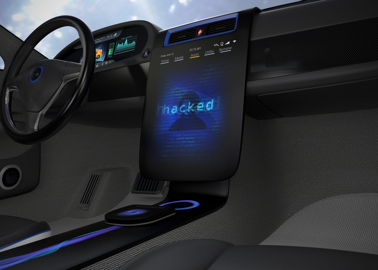 futuristic car with display screen next to driver's wheel