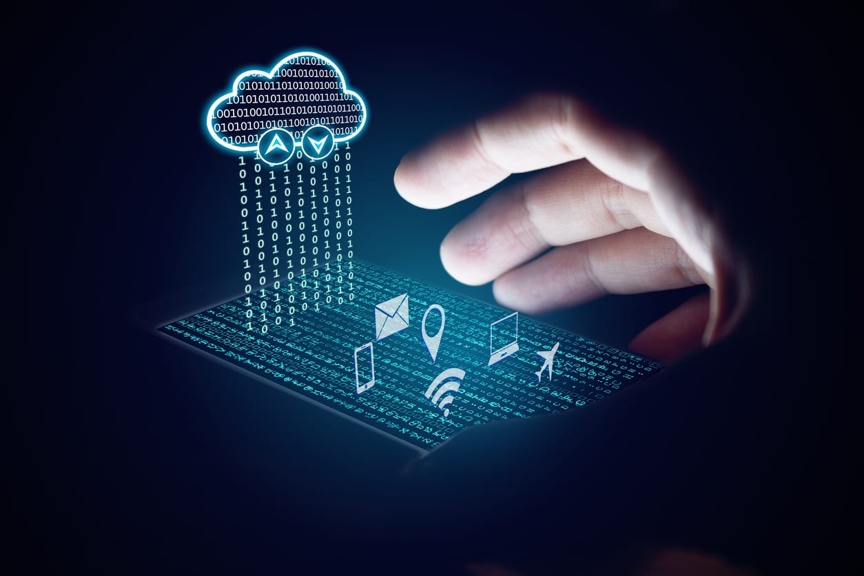male hand hovering over cloud services icons