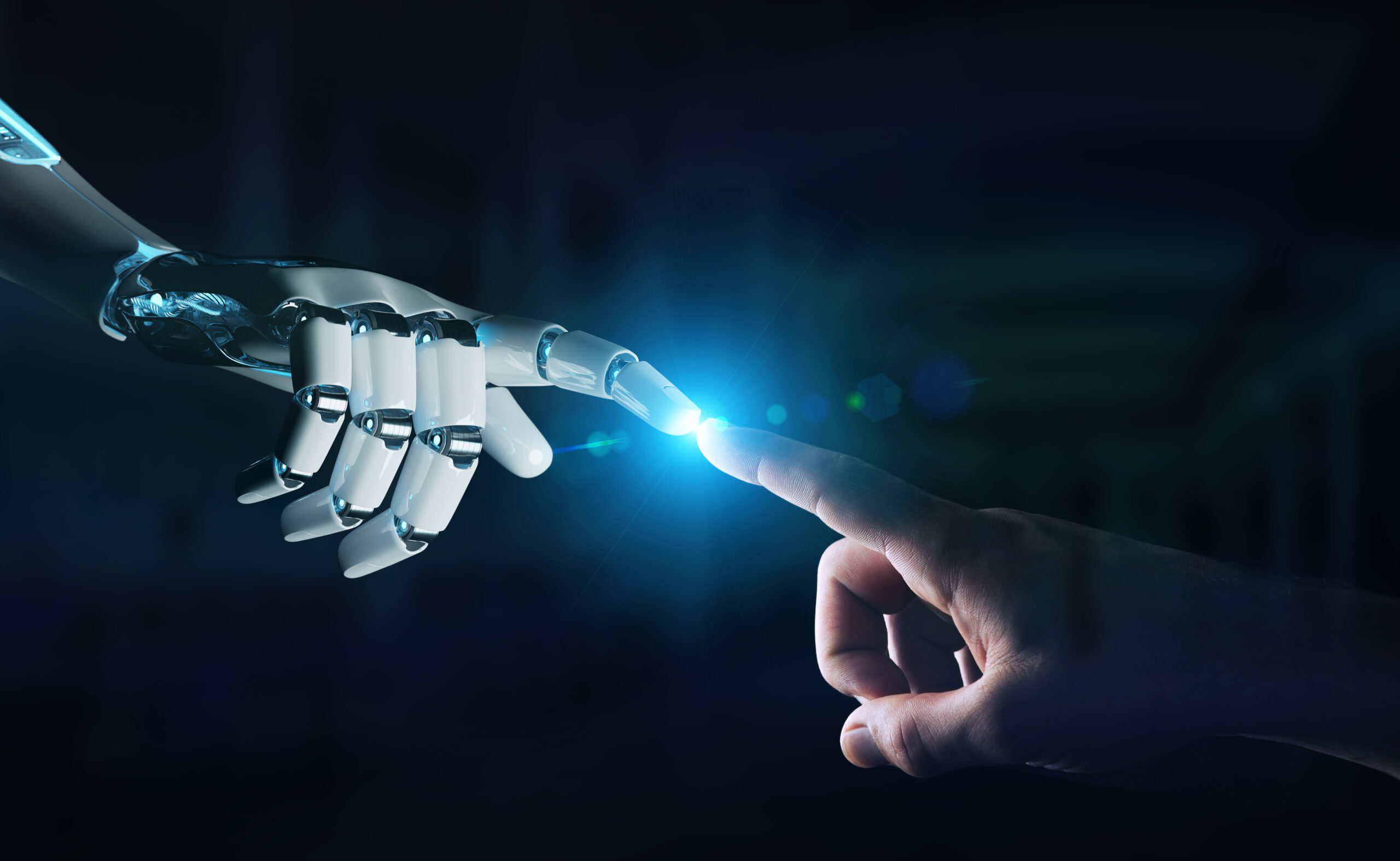Robot hand making contact with human hand on dark background 3D