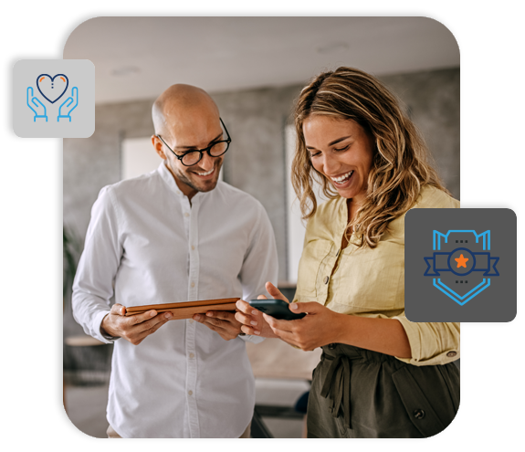Man and woman working on tablet and phone