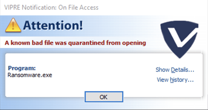 Figure 13.0 The created ransomware is detected by VIPRE