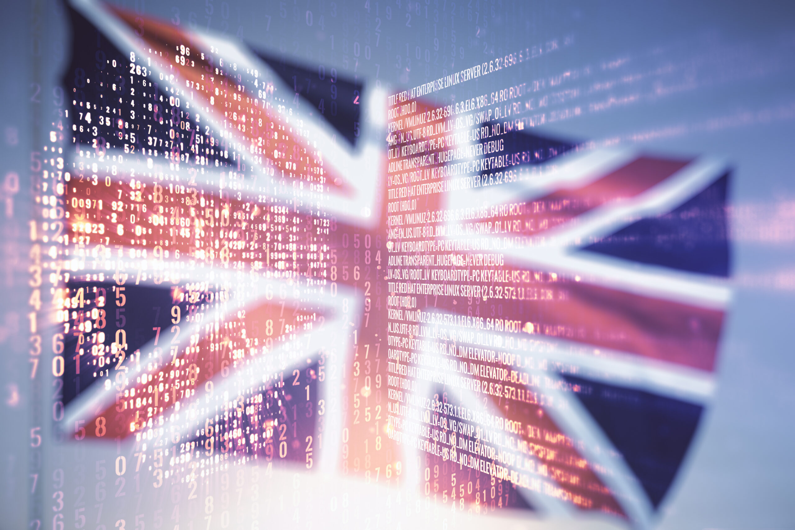 Double exposure of abstract virtual creative code skull hologram on British flag and blue sky background. Malware and cyber crime concept