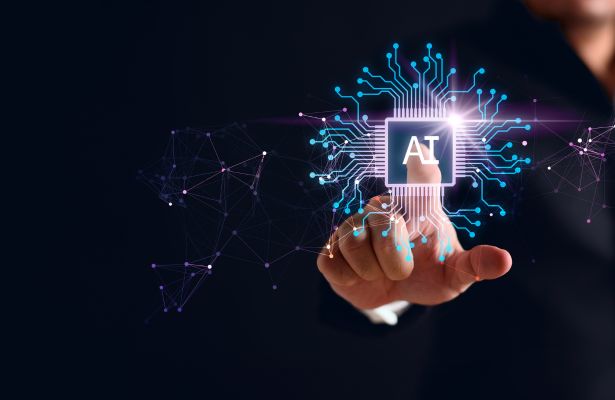 AI chip graphic on a human hand with network lines