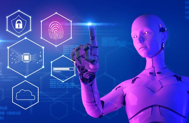 AI robot using a touch screen that contains cybersecurity related icons