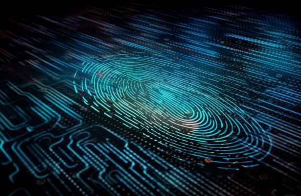 Digital fingerprint intertwined with blue circuitry, symbolizing biometric tech