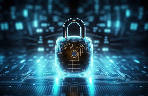 Digital padlock on circuit board; symbolizes cybersecurity