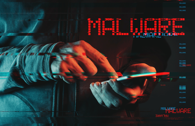 Malware concept with person using smartphone