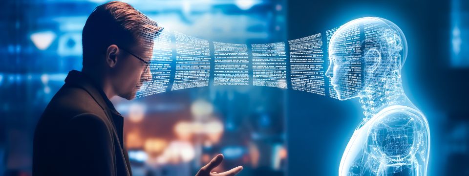 human sitting opposite a virtual robot, transferring knowledge