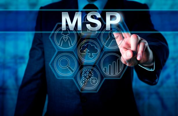 suited man tapping a touch screen that says msp on it