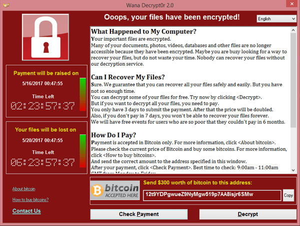 WannaCry ransomware attack ransomware note