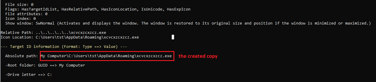 Figure 10.0 The decoded information of LNK file linking to the created copy