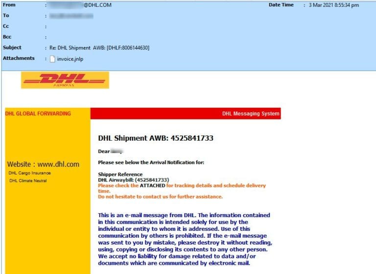 Figure 1.0 Spam email with .jnlp attachment