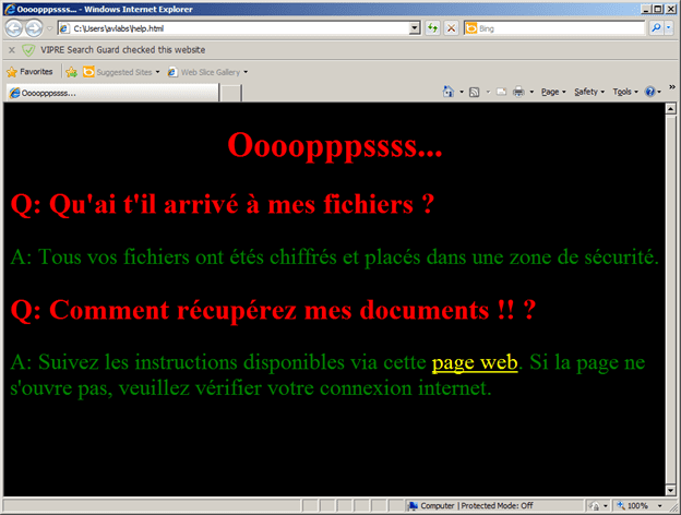 web page that was supposed to have ransome note