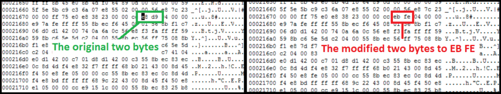 Figure 5.0 Changing of first two bytes of the entry point