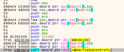 Writing in physical memory using DeviceIOControl with a control code 22280C.