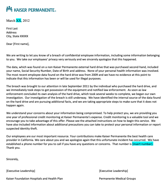 March 2012 Security Alert regarding Kaiser data breach involving an external hard drive that was not disposed of properly