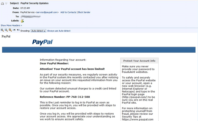 PayPal phishing attack example