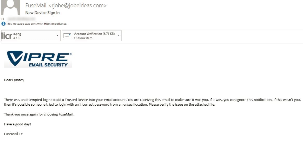 Phishing email disguising as FuseMail