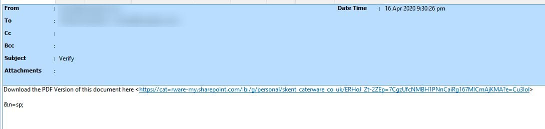 The sharepoint url found in Verify.msg containing the phishing pdf and link