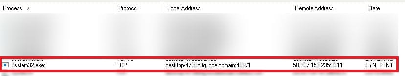 Figure 13.0 System32.exe sent connection request to C2 server with SYN_SENT state