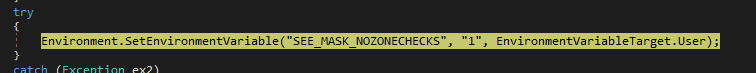Figure 8.0 Configuring environment variable SEE_MASK_NOZONECHECKS