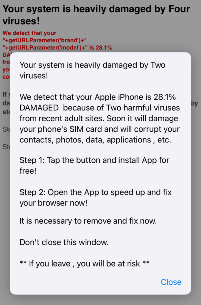 Scareware popup example on iPhone