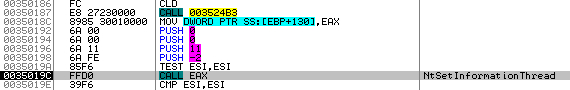 Calling of NtSetInformationThread to hide the thread from the debugger