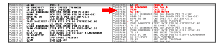 Before and after patching the DbgUlRemote Breakin function