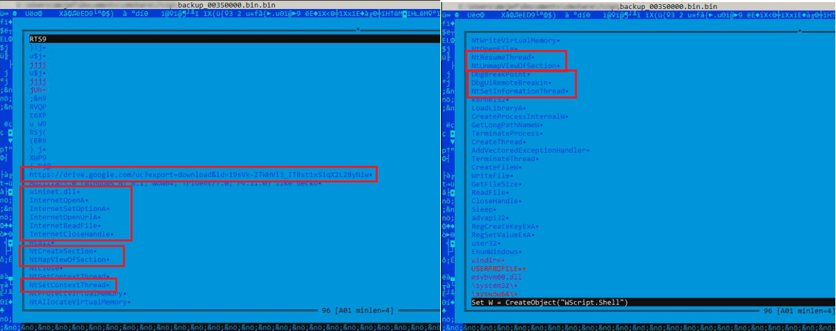 The dumped memory and the familiar strings that were found in the decrypted code