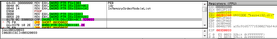 Accessing the PEB and getting the address of kernel32.dll