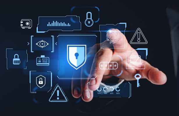 mans hand using a virtual cybersecurity interface
