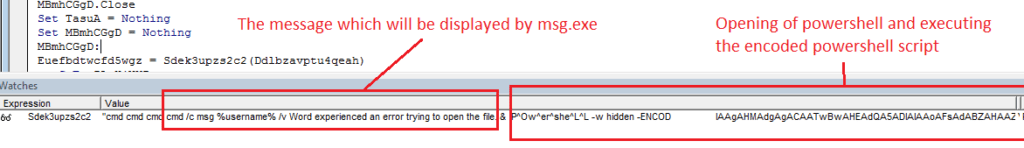 Figure 8.0 The decrypted code where it displays the error code using cmd and executing encoded powershell script