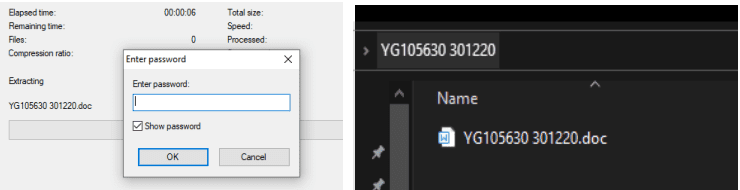 Figure 3.0 The password protected attachment and the doc file inside of the archive