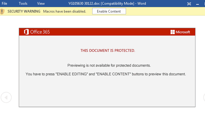 Figure 4.0 Shows the victim that the file is protected and needs to enable the macro