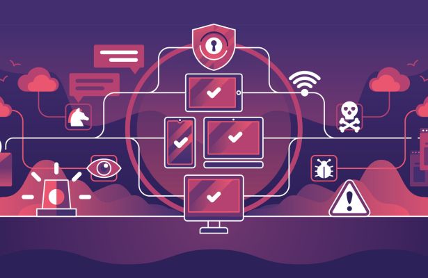 illustration of device types connected to cybersecurity icons on a purple background