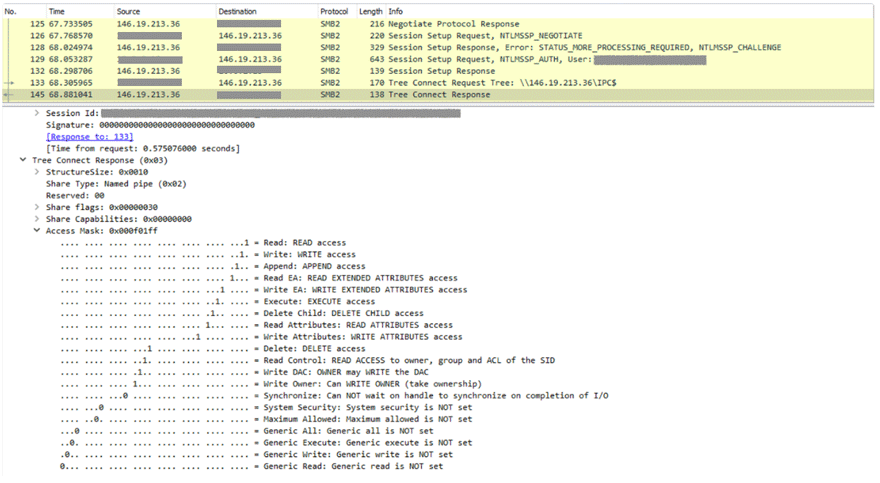 Figure 8. Captured Tree Connect Response containing Access Mask after NTLM Authentication