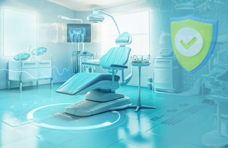 Turquoise dental surgery showing chair, digital imagery with shield overlay