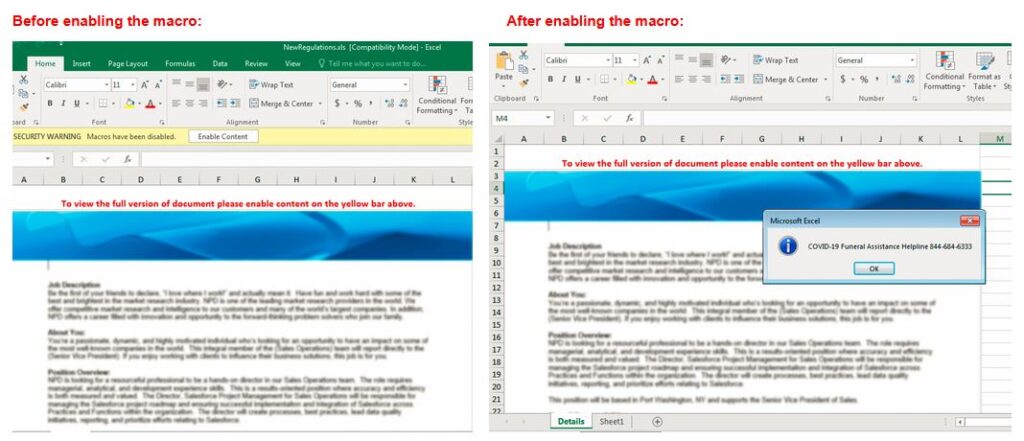 Figure 5.0 Before and after enabling the macro teasing the victim