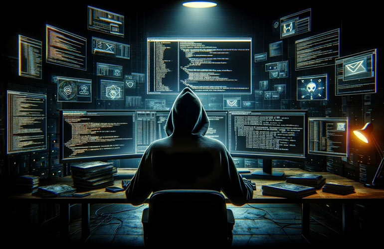 hooded hacker sitting at computer