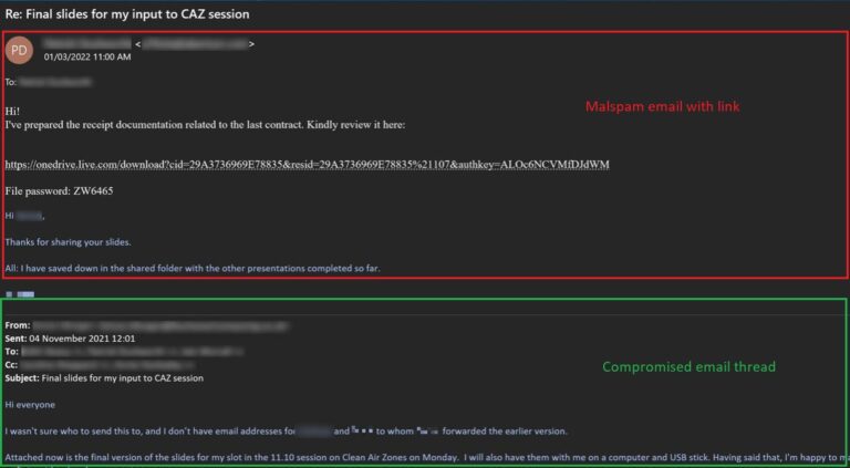 Figure 18.0 Example 1 of mal-spam email using compromised email thread