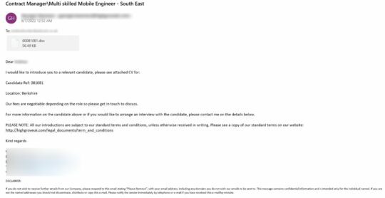 Figure 19.0 Job spam email with malicious DOC file
