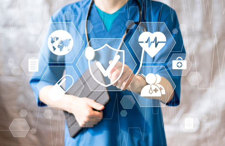 Healthcare worker clicks on hovering security shield