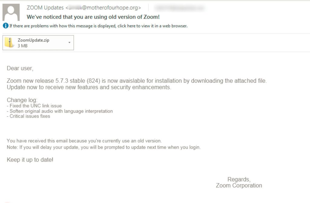 Figure 1.0 Malicious Zoom Email