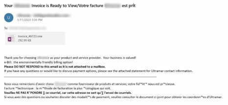 Figure 1.0 Malspam email 1 containing .one attachment