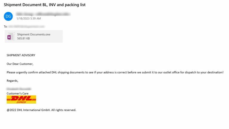 Figure 3.0 Malspam email 3 containing .one attachment
