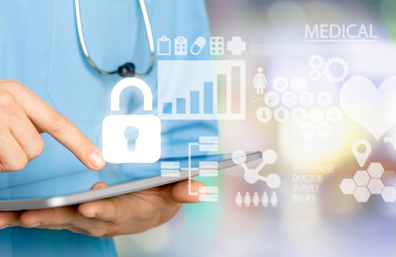 Medical cybersecurity concept, doctor taps icons