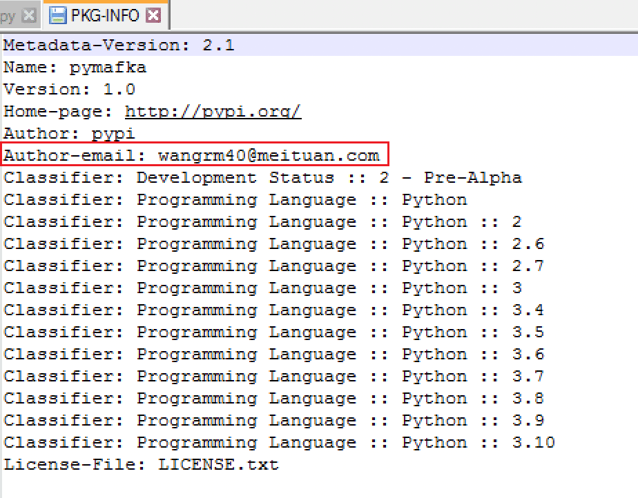 Figure 1.0 The PKG-INFO file where author email of pymafka was found