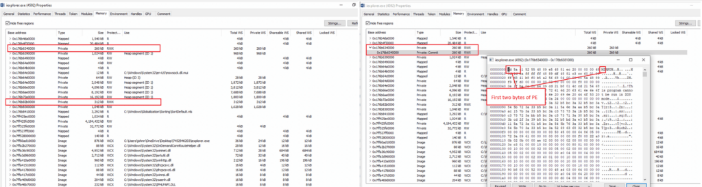 Figure 6.0 Two address with RWX protection and starts with MZ