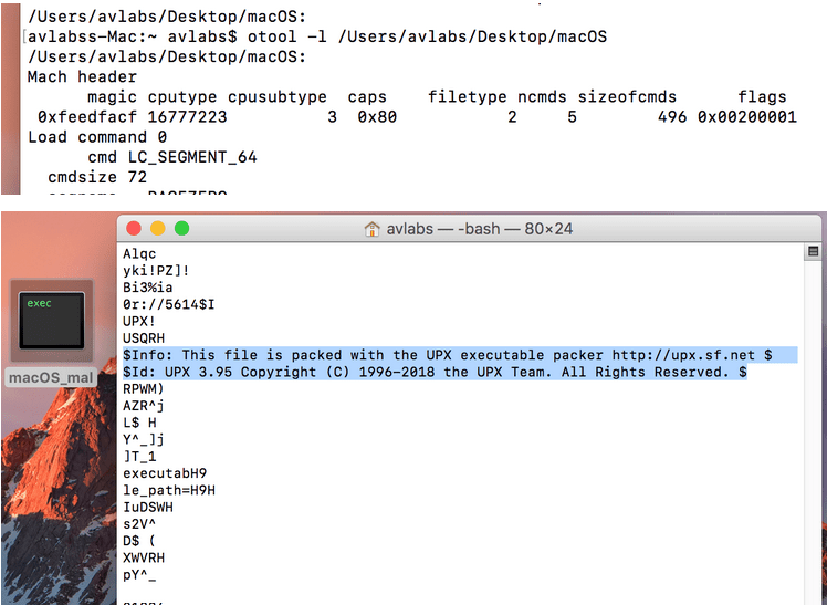 Figure 9.0 The Magic Bytes of 64 bit mach-o file and string showing the file being packed with UPX